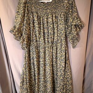 LC Lauren Conrad Smocked Floral A-Line Knee Length Dress Green Yellow Size L